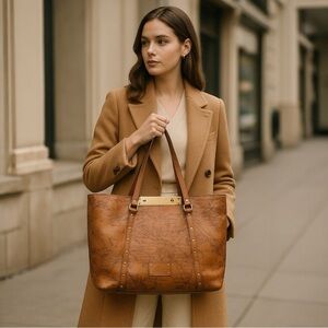 Patricia Nash Brown Leather Map Print Tote Bag Purse Work Bag Benvenuto Style